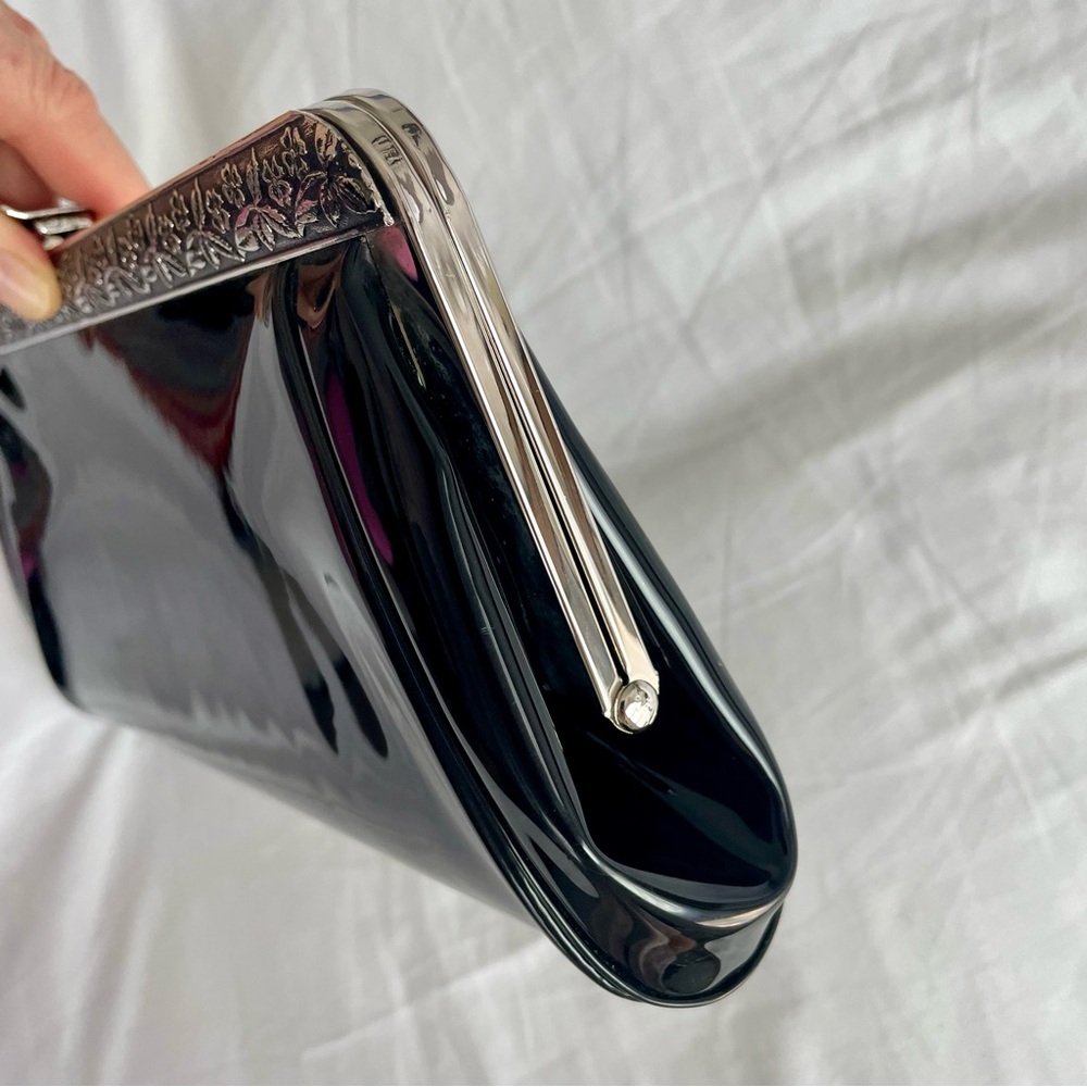 Vintage Black Patent Leather Vinyl Floral Clutch Evening Bag - Picture 5 of 13